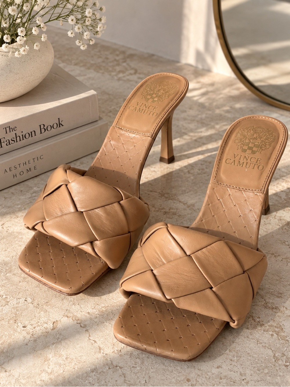 Vince Camuto Braided Tan Leather High Heel Slide Sandals